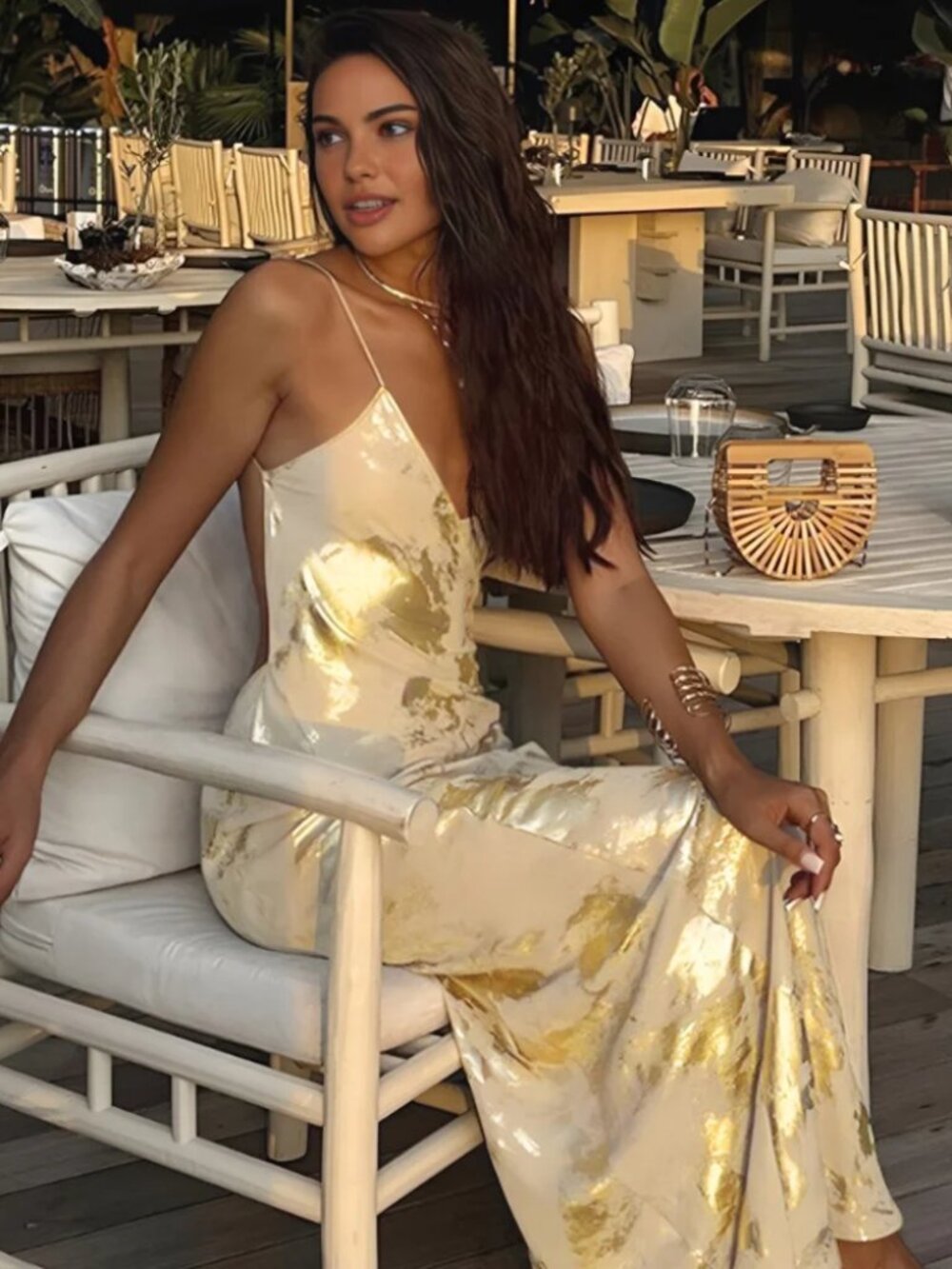 Metallic Print V-Neck Backless Slip Long Dress - Picture 5 of 6